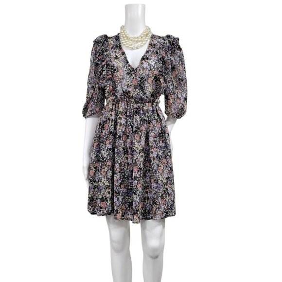 Noella Whimsy Fluttery Twee Ruffle Velvet Burnout Faux Wrap Sheer Dress S - Picture 1 of 13